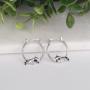 Racoon Hoop Earrings Cute Racoon Bear Circle Earrings Silver Woodland Animal Inspired Whimsical Wild Animal Jewelry Black Enamel