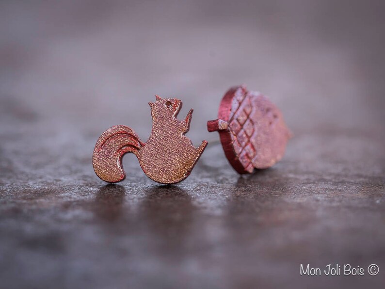 squirrel wood jewelry hand painted earrings mismatched jewelry acorn earrings Mismatched squirrel acorn stud earrings wildlife animal