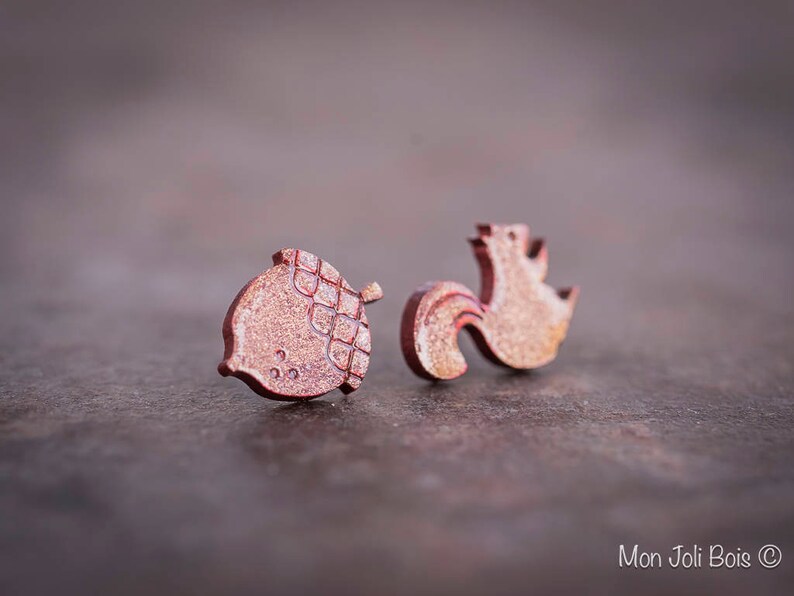 squirrel wood jewelry hand painted earrings mismatched jewelry acorn earrings Mismatched squirrel acorn stud earrings wildlife animal