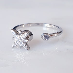 Bague étoile, anneau en argent sterling 925, bague ouverte réglable en argent, bague étoile brillante, bague étoile diamant, bague étoile délicate