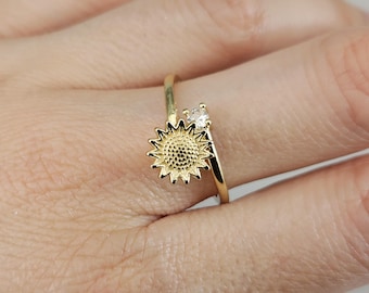 Sunflower GOLD Spinner Ring 925 Sterling SILVER Band Adjustable Open Silver Ring Spring Spinner Ring Zirconia Stone Ring Dainty Flower Ring