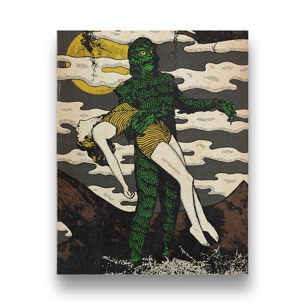 The Gill Man or Creature from the black lagoon is a retro vintage inspired universal monsters movie giclee poster art print.