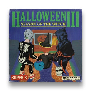 Halloween 3 is a vintage retro inspired 8mm movie giclee poster art print about Tommy Lee Wallace Horror film with Tom Atkins
