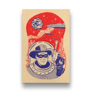 Space Cowboy is vintage retro pulp comic inspired art giclee print of an outlaw astronaut on planet in outer space with aliens and ufo's