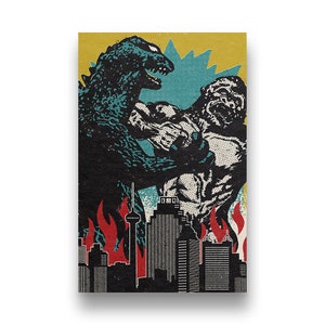 Godzilla Vs. King Kong. A vintage retro inspired Kaiju Japanese Monster Movie Battle to the death in a giclee poster art print
