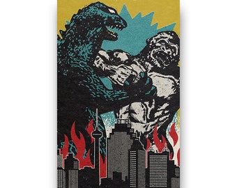 Godzilla Vs. King Kong. A vintage retro inspired Kaiju Japanese Monster Movie Battle to the death in a giclee poster art print