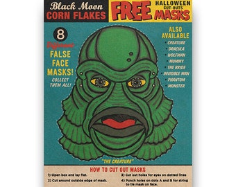 Creature Mask is a vintage retro inspired halloween cereal cut out creature from the black lagoon mask giclee poster art print