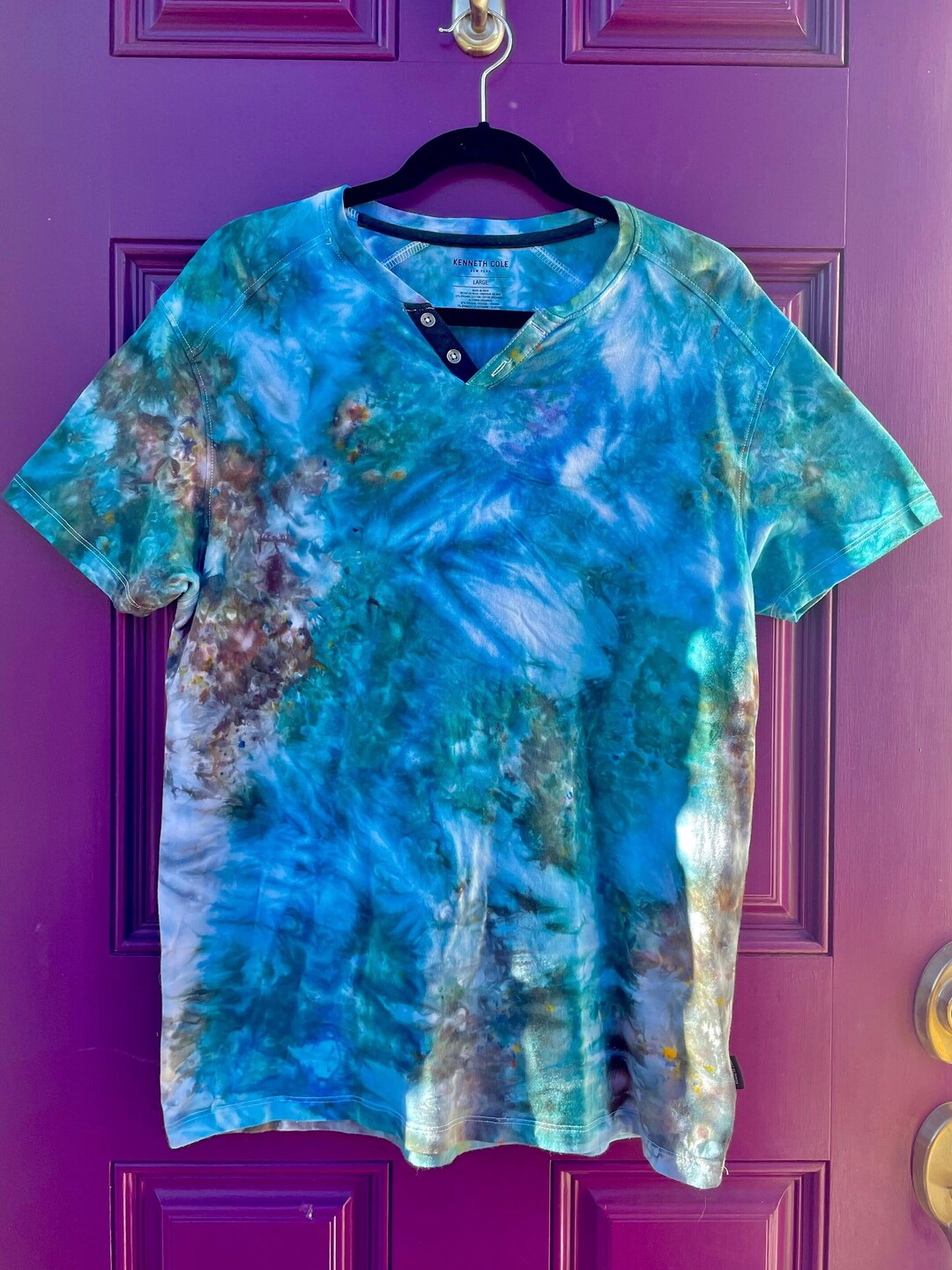 Caribbean Shoreline Upcycled, Tie Dye Henley Tshirt Size L Etsy