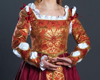 赤いルネサンス祭のドレス、中世後期の女王の衣装、16世紀のイタリアの