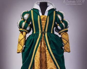 Royal Renaissance dress. Velvet ren faire dress. Robe renaissance green with gold. Renaissance gown style of Tudor dress.