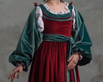 Fluwelen renaissancejurk, Italiaanse edelvrouw, middeleeuwse jurk, kostuum voor een renaissancefestival