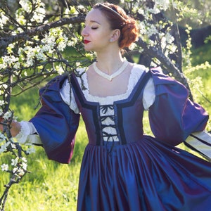 Blauwe Renaissance Middeleeuwse Jurk Taft Historische Jurk Aristocratische Hofkleding Cosplay Faire Outfit