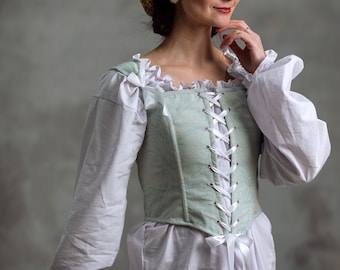 Blue stays corset. 18th-century stays for historical dress. Fairy costume adult. Cotton renaissance corset.