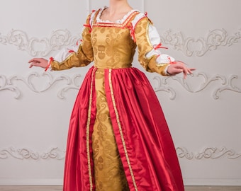 Renaissance dress red with gold. Late Medieval gown italian fashion. Renaissance gown gold color. Red robe renaissnace