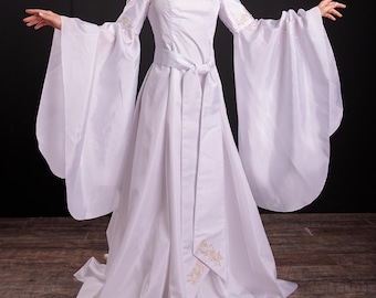 White Elven Bridal Gown Long Sleeves Embroidery Belt Medieval Fantasy Wedding Dress Costume