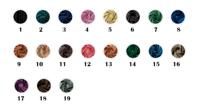 Op de afbeelding: Een kleurenpalet van negentien stoffen stalen, elk in een cirkelvormige lijst. De kleuren vari&euml;ren van zwart tot verschillende tinten groen, blauw, roze, goud en bruin. Elk staal is genummerd van 1 tot 19.