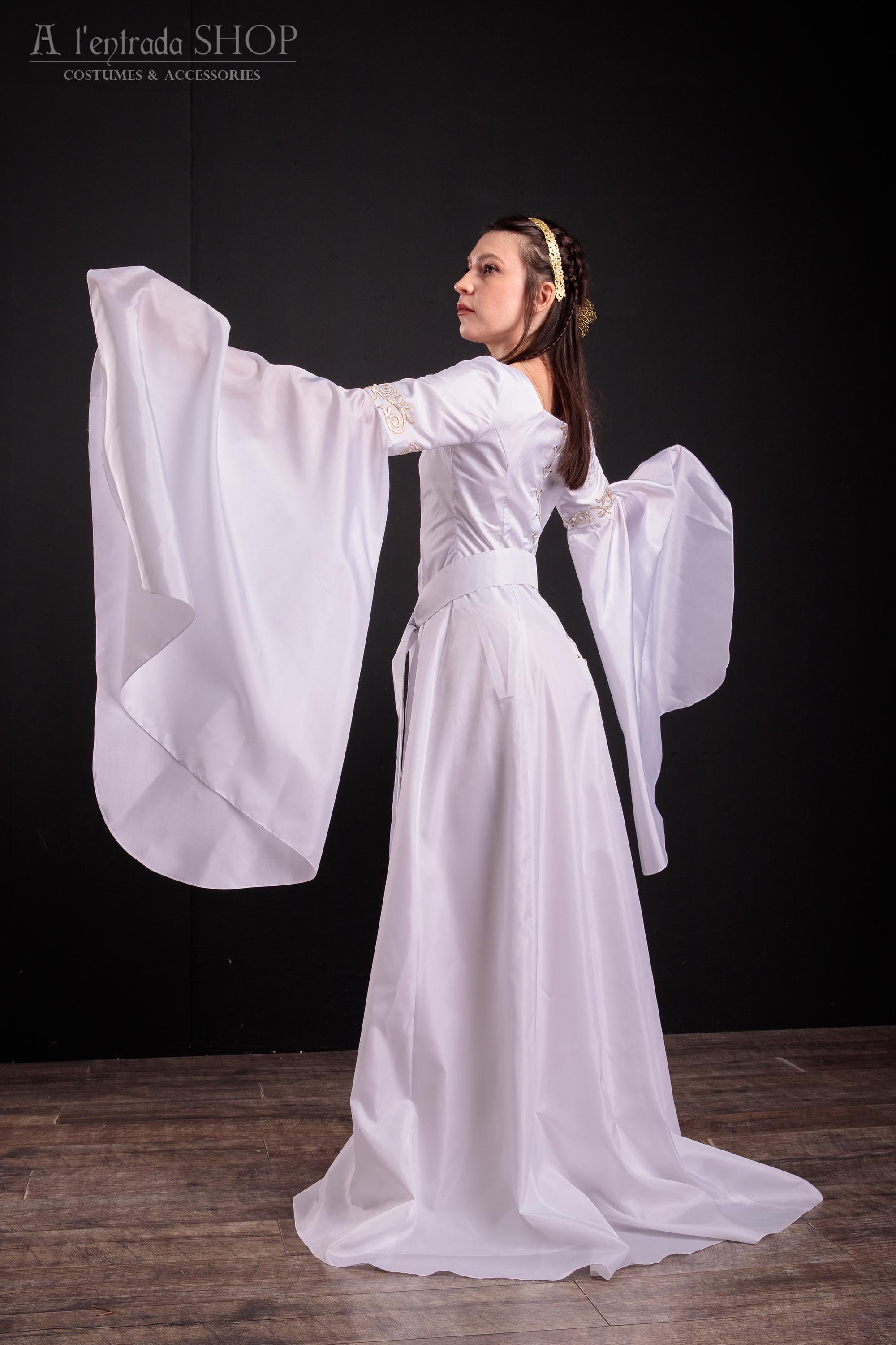 White Elven Br
idal Gown Long Sleeves Embroidery Belt Medieval Fantasy White Elven Bridal Gown Long Sleeves Embroidery Belt Medieval Fantasy