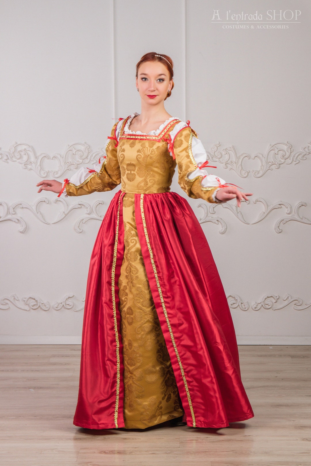 Gold dress hotsell with red accessories