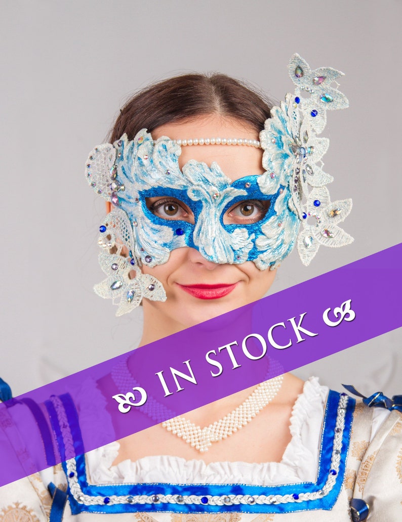 Carnival mask blue with white Venetian mask with lace Venetian carnival assesories Masquerade mask !!!IN STOCK!!!