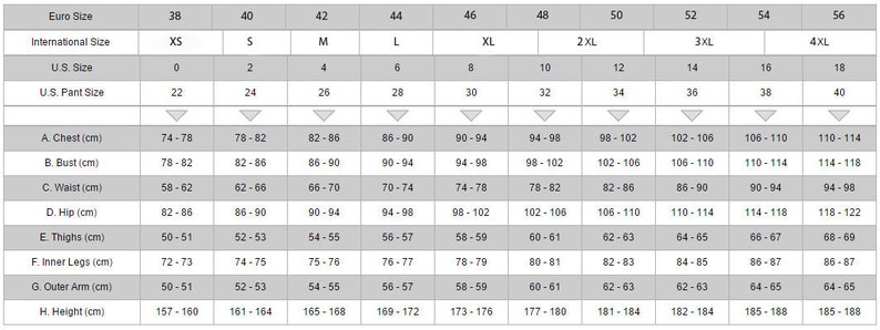 Op de afbeelding: Een gedetailleerde maattabel met afmetingen in centimeters voor borst, buste, taille, heup, dijen, binnenbeen, buitenarm en lengte. Inclusief Euro, internationale, Amerikaanse maten en Amerikaanse broekmaten, vari&euml;rend van XS tot 4XL en maten 0 tot 18.