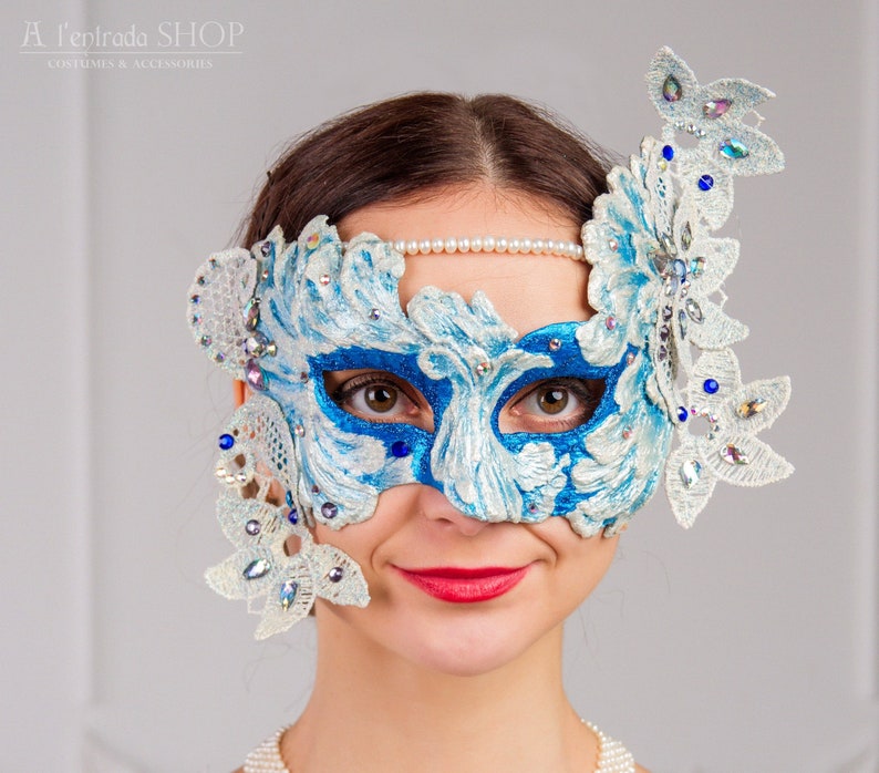 Carnival mask blue with white Venetian mask with lace Venetian carnival assesories Masquerade mask !!!IN STOCK!!!