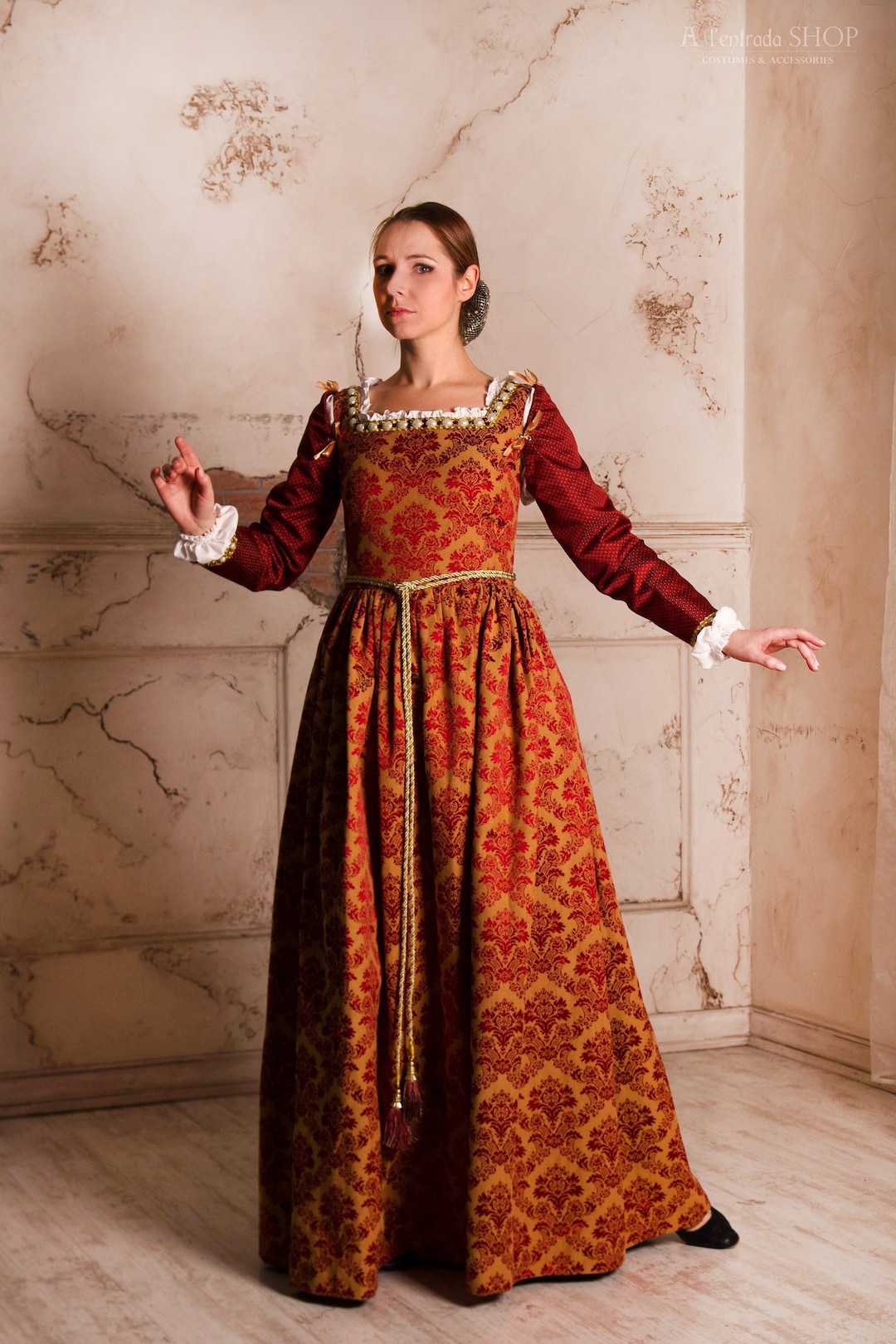 Red and gold medieval dress discount
