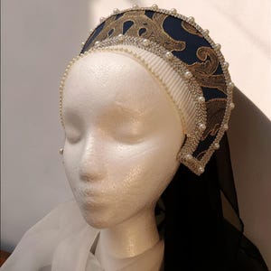 Renaissance Headpiece Dark Blue French Hood 16th Century Elizabethan Tudor Hat Medieval Crown Costume