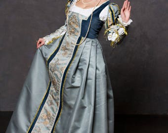 Włoska suknia renesansowa, niebieska, średniowieczna suknia z XV wieku na bal kostiumowy Ren Faire Fantasy