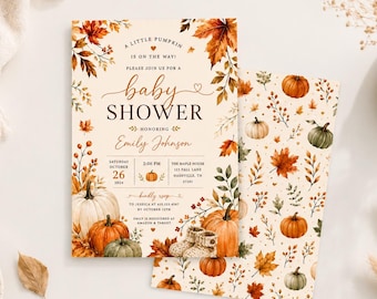 Op de afbeelding: Een rechthoekige uitnodigingskaart voor een babyshower met aquarelillustraties van oranje en groene pompoenen, herfstbladeren en babyslofjes. De tekst luidt A LITTLE PUMPKIN IS ON THE WAY, baby SHOWER, Emily Johnson en de evenementgegevens.