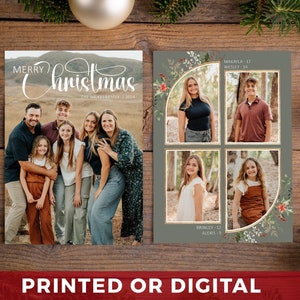 Vrolijk kerstfeest fotokaarten - familiefoto kerstkaarten - GEDRUKT - kerstbladeren en kerstbloemen Familiefoto kerst