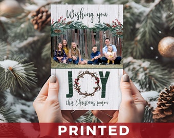 Rustic Holiday Christmas Photo Cards - Joy Photo Christmas Cards - PRINTED - Rustic Christmas Family Photo Cards - Portrait/Vertical