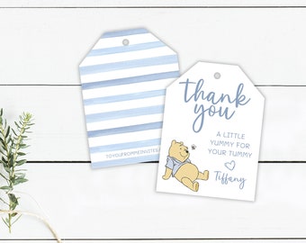 Étiquette de cadeau Winnie l'ourson imprimée - étiquette de cadeau de fête de naissance Merci - ourson avec abeille - étiquette de cadeau de 2,5 x 3,4 pouces