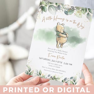 Winnie-the-pooh A Little Hunny is on the Way BABY SHOWER Invitation Pooh Tummy Baby Shower Invitations Green Leaves Gold Dust Baby Shower