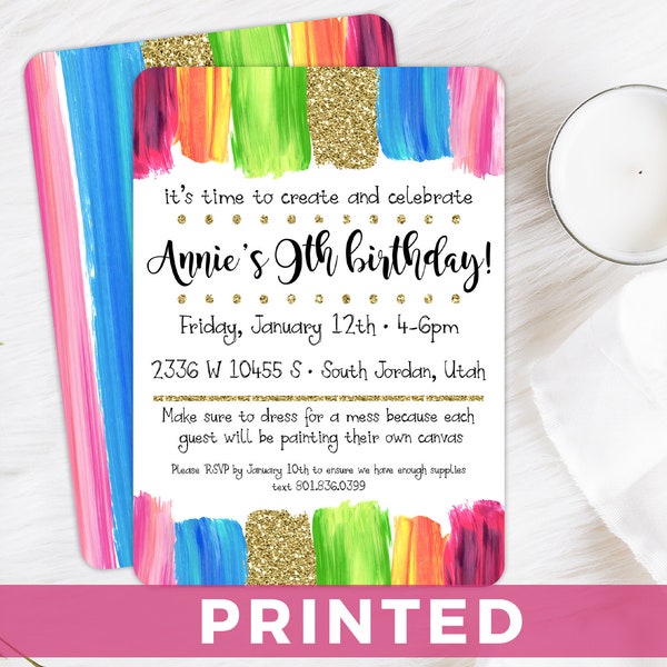 Painting Party Invitation - Dress for a Mess Birthday Party - Paint Strokes and Glitter - Any Age