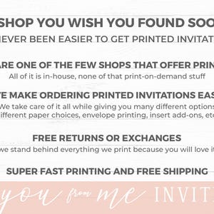 May include: Text-based graphic with the words "THE SHOP YOU WISH YOU FOUND SOONER!" and "IT'S NEVER BEEN EASIER TO GET PRINTED INVITATIONS." Additional text describes in-house printing, easy ordering, free returns, and fast printing.