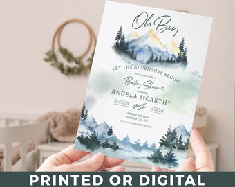 Adventure Awaits Baby Shower Invitation Watercolor Mountains Invite Oh Boy Baby Shower Invite Rounded Corners PRINTED