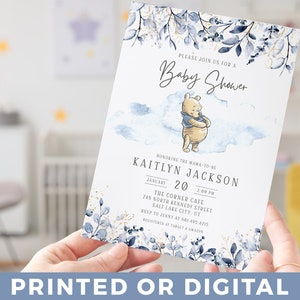 Winnie-the-pooh A Little Hunny is on the Way BABY SHOWER Invitation Blue & Gold Baby Shower Invitations Blue Leaves Gold Dust Baby Shower