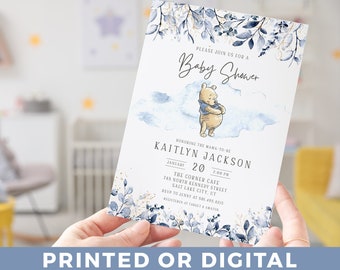 Winnie-the-pooh A Little Hunny is on the Way BABY SHOWER Invitation Blue & Gold Baby Shower Invitations Blue Leaves Gold Dust Baby Shower