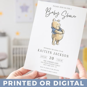 Editable Classic Winnie-the-Pooh  BABY SHOWER Invitation Simple Winnie-the-Pooh Modern Baby Shower Invite for Baby Shower Template