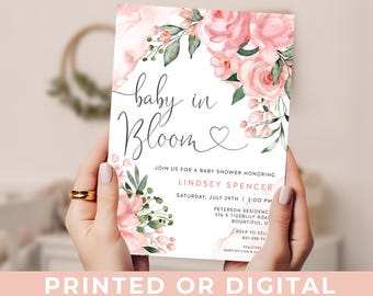 Baby in Bloom Baby Shower Invitation Pink Floral Baby Invite Baby Shower Baby in Bloom Pink Flower Invitation - BB14