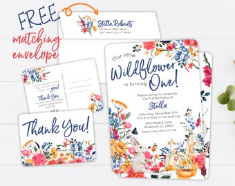 Wildflower Party PRINTED Invite - Butterfly and Bunny - Birthday Party