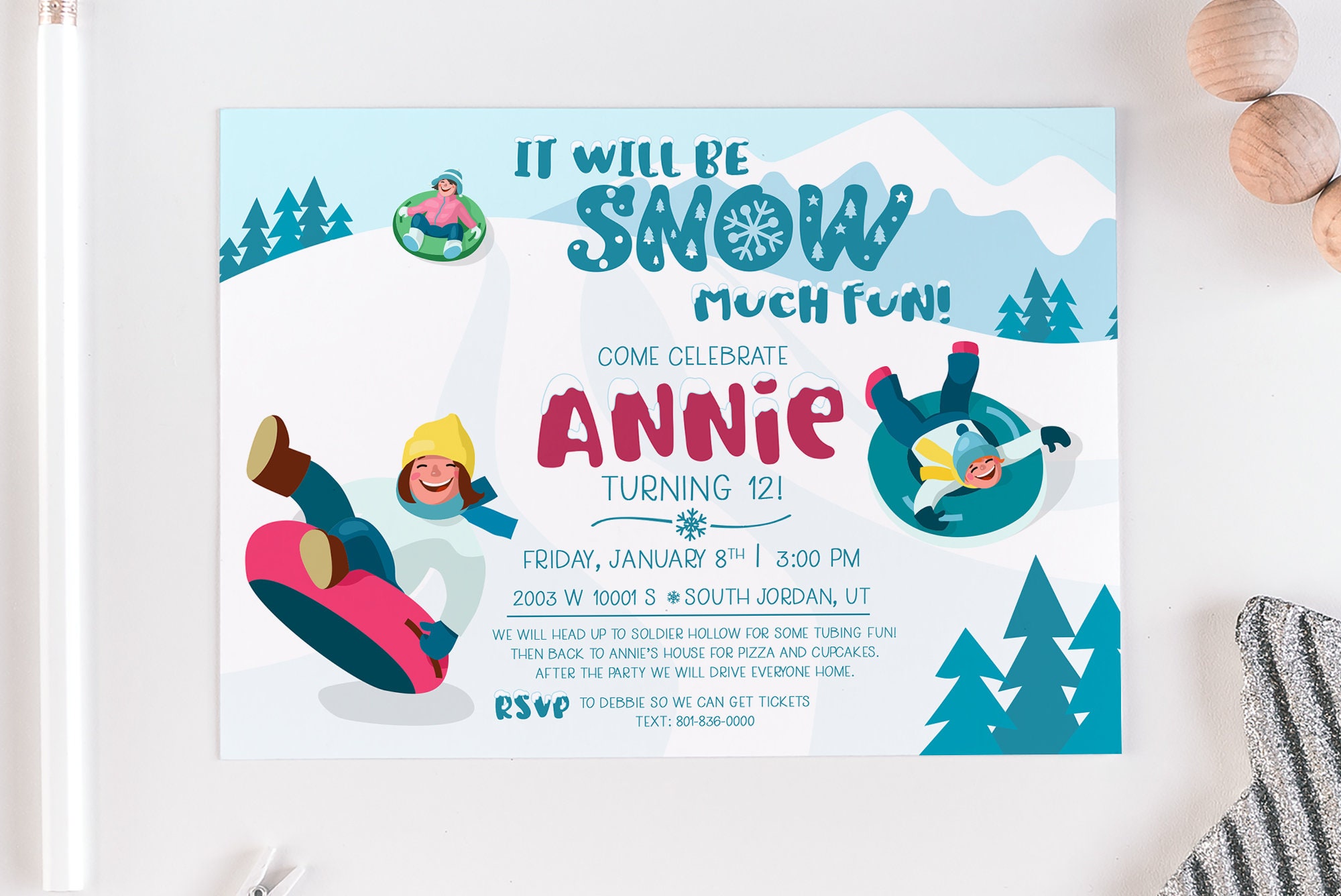 Snow Tubing Party PRINTED Invite Sledding Party Birthday Etsy UK