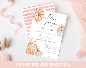 May include: A baby shower invitation with a watercolor illustration of pumpkins and flowers. The text reads "a little pumpkin is on the way!" and includes the date, time, and location of the event.