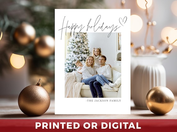 Happy Holidays Simple Christmas Family Photo Cards - PRINTED - Minimalist Christmas Family Photo Card