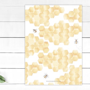 May include: A white background with a pattern of yellow watercolor honeycomb shapes. Three small bees are flying around the honeycomb.
