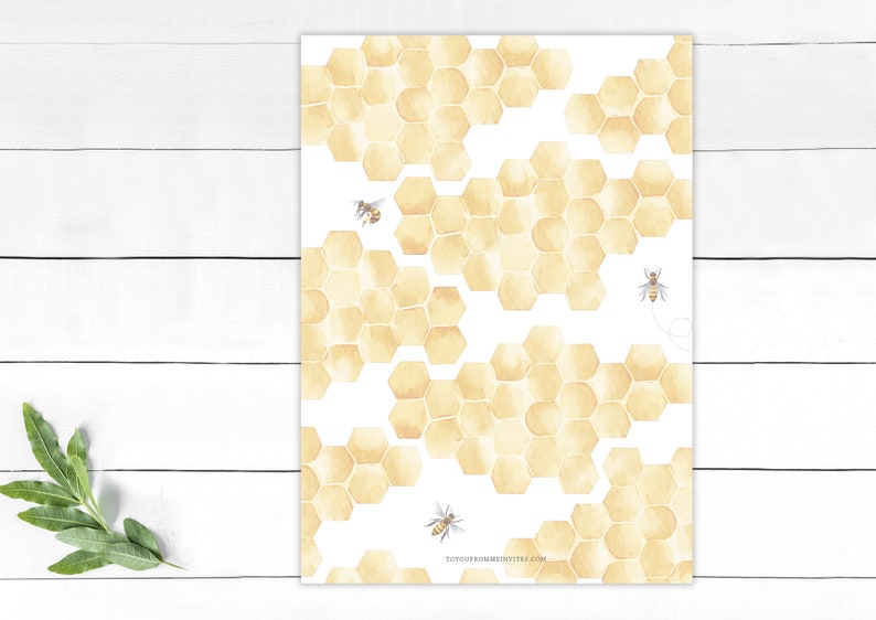 May include: A white background with a pattern of yellow watercolor honeycomb shapes. Three small bees are flying around the honeycomb.