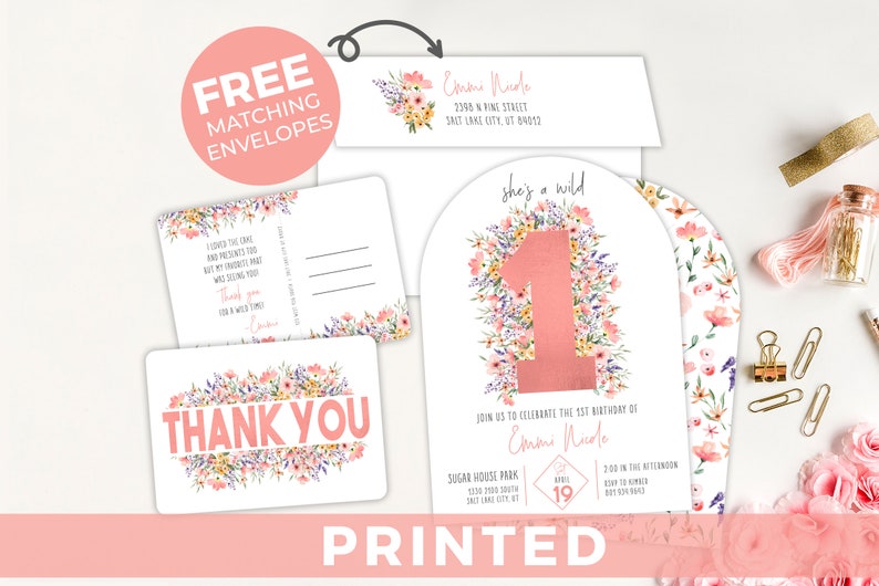 She Is A WildOne 1st Birthday Invitation Wild One PRINTED Arched Flower Floral Invite PINK Wildflower Party Invitation Boho Garden Party image 3