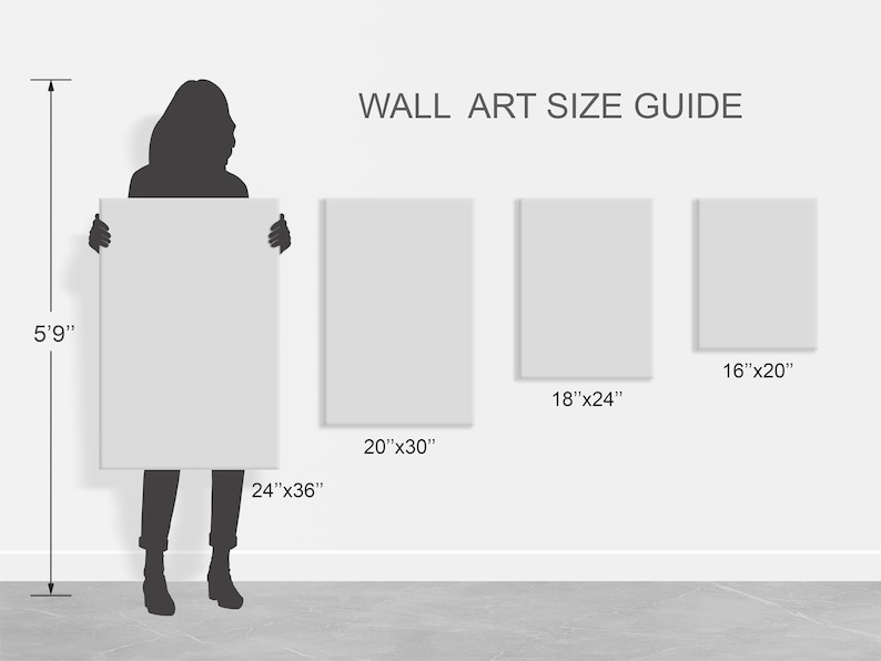 May include: A wall art size guide featuring a silhouette of a person holding a 24" x 36" canvas. The guide illustrates various wall art sizes, including 16" x 20", 18" x 24", and 20" x 30".