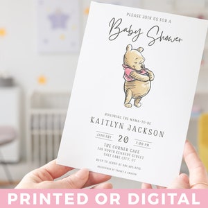 Editable Classic Winnie-the-Pooh BABY SHOWER Invitation Pink Simple Winnie-the-Pooh Modern Baby Shower Invite for Baby Shower Template