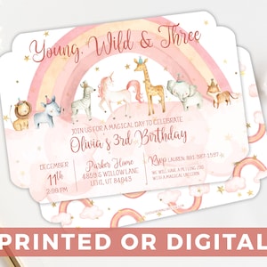 Young, Wild & Three Party Invitation - Unicorn, Lion, Zebra, Tiger, Giraffe, Elephant Birthday Invitation - Customizable - Scallop Corner